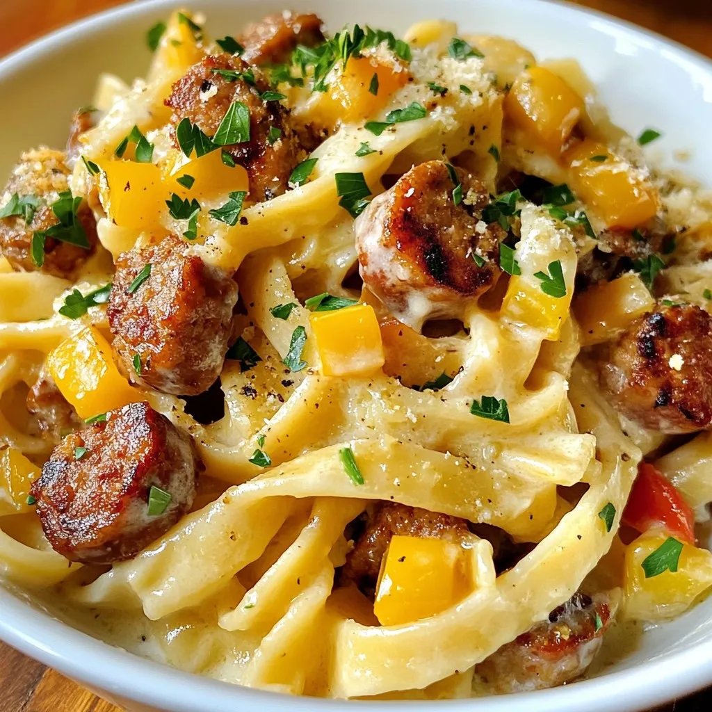 - 8 oz fettuccine pasta - 1 pound Andouille or smoked sausage, sliced into rounds - 1 bell pepper (red or green), diced - 1 small onion, finely chopped - 3 cloves garlic, minced - 1 cup heavy cream - 1 cup grated Parmesan cheese - 1 teaspoon Cajun seasoning - ½ teaspoon smoked paprika - Salt and freshly cracked black pepper to taste - Chopped fresh parsley for garnish To make Cajun sausage Alfredo pasta, you need a few key ingredients. Fettuccine, a flat pasta, creates a great base. The Andouille or smoked sausage adds a rich, spicy flavor. You can choose any bell pepper, but red adds nice color. Onions and garlic add depth to the dish. Heavy cream and Parmesan cheese make the sauce creamy and rich. Cajun seasoning brings the heat, while smoked paprika adds a subtle smokiness. Don’t forget salt and pepper to taste. Lastly, fresh parsley gives the dish a beautiful finish. - Large pot for boiling pasta - Skillet for sautéing - Colander for draining pasta Having the right tools makes cooking easier. A large pot helps you boil the pasta perfectly. A skillet is essential for sautéing the sausage and vegetables. Use a colander to drain the pasta without a mess. These tools make your cooking process smooth and fun. {{ingredient_image_2}} - Bring salted water to a boil in a large pot. - Add 8 oz of fettuccine pasta and cook until al dente. This usually takes about 8-10 minutes. - Once cooked, drain the pasta in a colander. Set aside some pasta water for later. - Heat 2 tablespoons of olive oil in a large skillet over medium heat. - Add 1 pound of sliced Andouille or smoked sausage. - Cook for 5-7 minutes until the sausage is browned and crispy. - Toss in 1 diced bell pepper and 1 chopped small onion into the skillet. - Sauté for 3-4 minutes until the veggies are soft. - Add 3 minced garlic cloves and stir for about 1 minute until fragrant. - Lower the heat and pour in 1 cup of heavy cream. - Stir well, allowing it to warm without boiling. - Gradually mix in 1 cup of grated Parmesan cheese, 1 teaspoon of Cajun seasoning, and ½ teaspoon of smoked paprika. - Stir until the cheese melts, and the sauce becomes creamy. Adjust the seasoning with salt and pepper. - Add the drained fettuccine to the skillet. Toss gently to coat the pasta in the sauce. - If the sauce is too thick, add a bit of the reserved pasta water. - Heat everything together for about 2 minutes before serving. Salting water is key to great pasta. It boosts flavor right from the start. Use a good amount of salt in the water. Aim for a taste like the sea. Cook the fettuccine until it is al dente. This means it should have a slight bite. It should not be too soft. This texture holds up well in the creamy sauce. To make your Cajun Sausage Alfredo Pasta even better, try adding more spices. A dash of cayenne pepper can add heat. You might also like smoked paprika for a deeper flavor. Using fresh ingredients makes a big difference. Fresh garlic and peppers bring bright tastes. Dried spices are handy too, but fresh often shines in dishes. For plating, use deep, wide bowls. This makes the dish look full and inviting. Twirl the pasta for a nice, neat presentation. Garnish with fresh parsley for a pop of color. You can also add extra grated Parmesan cheese on top. A sprinkle of black pepper adds visual contrast and flavor. Pro Tips Choose Quality Sausage: Opt for high-quality Andouille or smoked sausage for the best flavor. The better the sausage, the richer your dish will be! Don't Overcook the Pasta: Make sure to cook the fettuccine until it's al dente. This ensures it retains a slight bite and holds up well in the creamy sauce. Adjust the Spice: If you prefer a milder dish, reduce the Cajun seasoning or smoked paprika. You can always add more later if desired! Save Pasta Water: Remember to reserve some pasta water before draining! This starchy water can help adjust the sauce's consistency without losing flavor. {{image_4}} You can swap out the sausage for different proteins. Chicken works great in this dish. Use about 1 pound of diced chicken breast. Shrimp also adds a nice touch. If you choose shrimp, cook it until pink and firm. For a meatless option, try vegetarian sausage. Just adjust your cooking time as needed. Cook chicken longer, while shrimp cooks fast. Feel free to change the cheese in the sauce. Goat cheese or cream cheese can add a unique twist. Experiment with spices to enhance the flavor. Want more heat? Add a pinch of cayenne or red pepper flakes. You can also try herbs like thyme or oregano for a new taste. Adding seasonal veggies can boost this dish. Think about spinach, mushrooms, or zucchini. These add color and nutrients. Cook them with the sausage for a few minutes. Adjust cooking times based on the veggie. Softer veggies need less time, while firmer ones need more. Enjoy the fresh flavors! To keep your Cajun Sausage Alfredo Pasta fresh, store it in an airtight container. This helps prevent moisture loss and keeps flavors intact. Place the container in the fridge right after the meal. Proper refrigeration helps maintain the dish's quality. Leftovers last for about 3 to 4 days in the fridge. Be sure to check for any signs of spoilage before eating. If you find any strange smells or changes in texture, it's best to toss it out. If you want to save some for later, freezing works well too. First, let the pasta cool completely. Then, portion it into freezer-safe bags or containers. Squeeze out as much air as you can before sealing. This keeps freezer burn away and preserves taste. When you're ready to eat, take it out of the freezer and thaw it in the fridge overnight. Reheat it gently on the stove or in the microwave. If the sauce seems a bit thick, add a splash of water or milk to loosen it up. Enjoy your flavorful meal even days later! Cajun seasoning is a blend of spices that adds a kick to dishes. The common spices used in Cajun seasoning include: - Paprika - Oregano - Thyme - Garlic powder - Onion powder - Black pepper - Cayenne pepper These spices create a warm and spicy flavor. You can mix your own or buy it pre-made. Yes, you can make Cajun Sausage Alfredo Pasta gluten-free. To do this, look for gluten-free fettuccine. Many brands offer pasta made from rice or chickpeas. These alternatives cook well and taste great. To thicken your Alfredo sauce, try these tips: - Use more cheese. Adding extra Parmesan helps. - Mix in a cornstarch slurry. Combine cornstarch with a bit of water, then stir it in. - Cook the sauce longer. Let it simmer to reduce and thicken naturally. These methods keep the flavor rich and creamy. Adjust to your liking for the perfect sauce! This blog post covered a rich fettuccine dish using simple ingredients like sausage, cream, and cheese. We explored helpful tools, step-by-step cooking methods, and tips to enhance flavor. You can also customize the recipe with different proteins and veggies. Storing and reheating tips ensure you enjoy leftovers later. Remember, cooking should be fun! Experiment with flavors and make this dish your own. Happy cooking!
