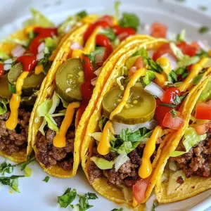 - 1 lb ground beef (80/20 blend for optimal juiciness) - 8 small corn tortillas - 1 cup shredded cheddar cheese - 1/2 cup lettuce, finely shredded - 1 large tomato, diced - 1/4 cup pickles, thinly sliced - 1/4 cup onion, finely chopped - 2 tablespoons mayonnaise - 2 tablespoons ketchup - 1 tablespoon mustard - Salt and pepper to taste - Cooking oil (for frying) You can enhance your tacos with extra toppings. Try avocado slices for creaminess. Jalape&ntilde;os can add a spicy kick. Fresh cilantro brings a burst of flavor. Sour cream adds a cool and tangy touch. You can also use your favorite hot sauce for extra heat. The choices are endless, so mix and match! To make smash burger tacos, you need a few key tools: - A large skillet or griddle for cooking the beef. - A spatula to smash and flip the patties. - A mixing bowl for the sauce. - Another skillet or griddle to warm the tortillas. - A sharp knife and cutting board for prepping veggies. These tools will help you create delicious tacos quickly and easily. {{ingredient_image_2}} Start by getting your toppings ready. Shred the lettuce. Place it in a bowl to keep it fresh. Next, dice the tomato into small pieces. Set it aside until you need it. Slice the pickles thinly and chop the onion finely. Keeping these items organized helps when you assemble the tacos. To make the special sauce, grab a small mixing bowl. Combine the mayonnaise, ketchup, and mustard in the bowl. Mix well until the sauce is smooth. This sauce adds a tasty twist to your tacos. Set it aside for later use. Heat a large skillet or griddle over high heat. Add a little cooking oil to prevent sticking. Take about four ounces of the ground beef and shape it into a loose ball. Place this ball on the hot skillet. Use a spatula to press down firmly. Flatten the burger to about half an inch thick. Season it with salt and pepper. Let it cook for 2-3 minutes until a golden crust forms. Once the beef patty is cooked, flip it carefully using the spatula. Cook for another 1-2 minutes. Right after flipping, sprinkle a good amount of shredded cheddar cheese on top. Cover the skillet for about a minute, letting the cheese melt. While the patties cook, warm the corn tortillas in another skillet. Heat them for about 30 seconds on each side. They should be soft and slightly toasted. Now, to assemble your tacos, place each cooked patty on a warm tortilla. Top it off with shredded lettuce, diced tomato, chopped onion, and sliced pickles. Drizzle your homemade sauce over the top. Fold each tortilla over the filling, creating a taco shape. Enjoy them warm for the best taste! For smash burger tacos, I recommend using an 80/20 ground beef blend. This mix gives you the right fat content for juicy burgers. The fat makes the meat flavorful and tender. If you go leaner, your burgers might be dry. A good blend ensures your tacos stay moist and tasty. To get that perfect crust, heat your skillet on high. This step is key. Once the pan is hot, add a little cooking oil. Then, shape your beef into a loose ball. When you place it on the skillet, press down firmly. This creates a nice, golden crust. Let it cook without moving it for a few minutes. The crust forms best when you leave it alone. You can save time by prepping your ingredients in advance. Chop the vegetables a day before. Store them in the fridge to keep them fresh. You can also make the sauce ahead of time. Mix the mayonnaise, ketchup, and mustard, then store it in a jar. This way, when you&rsquo;re ready to cook, everything is ready to go. Enjoy quick meals even on busy days! Pro Tips Choose the Right Beef: For the juiciest smash burgers, opt for an 80/20 blend of ground beef. This fat content ensures your burgers are flavorful and moist. Keep It Hot: Make sure your skillet or griddle is hot before adding the beef. This helps in creating that perfect sear and crispy crust that defines a great smash burger. Don&rsquo;t Overcrowd: Cook the patties in batches if necessary. Overcrowding the skillet can lower the temperature and result in steaming rather than searing. Customize Your Toppings: Feel free to experiment with different toppings! Avocado, jalape&ntilde;os, or even a spicy aioli can elevate your smash burger tacos to new heights. {{image_4}} To make spicy smash burger tacos, add heat with jalape&ntilde;os. You can chop fresh jalape&ntilde;os or use pickled ones. Mix in some hot sauce with your special sauce for extra zing. A sprinkle of cayenne pepper on the beef gives a nice kick too. Adjust the spice level to suit your taste. For a vegetarian twist, swap the beef for a plant-based option. Use black beans or lentils as your base. You can also try a veggie burger made from chickpeas or quinoa. For more flavor, add spices like cumin or smoked paprika. Top with your favorite fresh veggies, and you&rsquo;ll have a tasty meal. Create a unique sauce by mixing ingredients. Try adding chipotle mayo for a smoky taste. A ranch dressing can give a creamy touch. You can also mix in some barbecue sauce for a sweet, tangy flavor. Don&rsquo;t shy away from experimenting with flavors to find your perfect match! To store leftover tacos, wrap them in foil or plastic wrap. Place them in an airtight container. This keeps them fresh and prevents drying out. You can store them in the fridge for up to three days. You can freeze these tacos for later. First, let them cool completely. Wrap each taco tightly in plastic wrap. Then, place them in a freezer-safe bag or container. They will stay good for up to two months. To reheat frozen tacos, take them out and let them thaw in the fridge overnight. For quick reheating, use a microwave for about one minute. You can also heat them in a skillet on medium heat. This brings back their crispy texture. Enjoy your tasty tacos warm! The best meat for these tacos is ground beef with an 80/20 blend. This mix gives you a juicy burger. The fat adds flavor and moisture. You can also use ground turkey or plant-based meat if you prefer. Yes, you can use flour tortillas. They are soft and work well with the fillings. Just remember that they may add more calories. Corn tortillas have a nice flavor and are also gluten-free. To make these tacos gluten-free, use corn tortillas. Ensure that your toppings and sauces are gluten-free too. Check the labels on mayonnaise, ketchup, and mustard. This way, everyone can enjoy them. You can add many toppings! Consider avocado slices, jalape&ntilde;os, or salsa for extra flavor. Chopped cilantro or green onions also add freshness. Get creative with your favorites for a fun twist. You can prep some parts in advance. Cook the beef and store it in the fridge. Warm the tortillas just before serving for the best taste. Keep your toppings fresh until you are ready to assemble. In this article, we covered the key ingredients and steps to make delicious Smash Burger Tacos. You learned how to prepare toppings, make special sauce, and cook beef patties. We explored tips for juiciness, achieving a great crust, and meal prep for busy days. Plus, we shared fun variations and storage info to keep your tacos fresh. Remember, experimenting with toppings and sauces can make each meal exciting. Enjoy making these tasty tacos, and share them with friends!