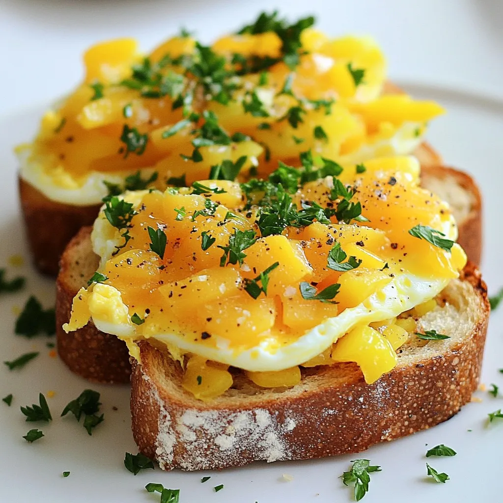 To make cheesy egg toast, gather these simple ingredients. Each one adds flavor and texture to your dish. - 4 slices of whole grain bread - 4 large eggs - 1 cup shredded sharp cheddar cheese - 1/2 cup diced bell peppers (a mix of red, yellow, and green for vibrant color) - 1/4 cup finely chopped green onions - 1/4 teaspoon garlic powder - Sea salt and freshly ground black pepper, to taste - 2 tablespoons extra virgin olive oil - 1 tablespoon fresh parsley, finely chopped, for garnish These ingredients create a tasty blend of flavors. The whole grain bread gives a nice base. The eggs provide protein, while the cheddar cheese melts into gooey goodness. Bell peppers and green onions add crunch and color. Remember, fresh ingredients make the best meals! {{ingredient_image_2}} - Preheat oven to 375°F (190°C). - Heat a pan over medium heat. Add 1 tablespoon of olive oil. - Add 1/2 cup of diced bell peppers to the pan. - Sauté the peppers for about 3-4 minutes until tender and fragrant. - Take 4 slices of whole grain bread. - Use a spoon to make a small well in each slice. - Fill the wells with the sautéed bell peppers. - Crack 4 large eggs into a bowl. - Whisk the eggs until yolks and whites blend well. - Season with garlic powder, sea salt, and pepper. - Carefully pour the whisked eggs into each well. - Leave a little space near the edge to allow for cooking. - Sprinkle 1 cup of shredded cheddar cheese on top. - Drizzle a bit of olive oil on the toasts for added flavor. - Place the baking sheet in the oven. - Bake for 12-15 minutes until the egg sets and cheese melts. - After baking, remove the toasts from the oven. - Let them cool for a minute on the baking sheet. - Before serving, garnish with chopped green onions and parsley. You can make cheesy egg toast even better with different cheese types. Try mozzarella for a creamy melt. Feta adds a salty kick. Swiss cheese gives a nutty flavor. Each cheese adds a unique taste. Experimenting with spices also brings new flavors. A dash of paprika adds warmth. A pinch of cumin can add earthiness. Try fresh herbs like basil or chives for brightness. This simple change can elevate your dish. To achieve the perfect egg texture, keep a close eye on the cooking time. Bake until the egg is just set, not overcooked. The center should still be slightly soft. This will give you a nice, creamy bite. For crispier toast, use a thicker slice of bread. Whole grain works great for this. Drizzle olive oil on the bread before baking. You can also toast the bread for a few minutes first. This method adds extra crunch. When serving, use a rustic wooden board. This adds a cozy touch. Place the cheesy egg toasts in a circle on the board. Add colorful slices of avocado or cherry tomatoes around them. This not only looks great but also adds freshness. For creative plating, stack the toasts. Place one on top of the other. Garnish with parsley on top and around the plate. This simple touch makes your dish pop visually. Pro Tips Use Fresh Ingredients: Fresh bell peppers and eggs enhance the flavor and texture of your toasts. Choose organic eggs and seasonal veggies for the best taste. Experiment with Cheese: While sharp cheddar is delicious, try mixing in other cheeses like mozzarella or pepper jack for different flavor profiles. Perfectly Cooked Eggs: To achieve perfectly cooked eggs, monitor them closely while baking. Remove the toasts as soon as the eggs are set for a creamy texture. Add a Kick: For those who enjoy a bit of heat, sprinkle some red pepper flakes or add jalapeños to the sautéed peppers for an extra kick. {{image_4}} You can easily switch up the bread type. Try sourdough or rye for a new flavor. Want more protein? Add crispy bacon or diced ham. Both options give your cheesy egg toast a hearty boost. Herbs and spices can add depth. Fresh basil or thyme can elevate the taste. You might also add a pinch of paprika for a little heat. For veggies, consider spinach, mushrooms, or tomatoes. Each choice brings a unique twist to your dish. If you need gluten-free options, use gluten-free bread. It works well with the recipe. For vegan substitutes, you can try plant-based cheese and tofu instead of eggs. These swaps maintain a delightful taste while fitting your diet. To reheat cheesy egg toast, use an oven or toaster oven. Set it to 350°F (175°C). This method keeps the toast crisp. Avoid microwaving, as it makes the bread soggy. If you must use a microwave, heat it in short bursts. Check every 15 seconds to prevent overcooking. Store leftovers in the fridge within two hours of cooking. Place the toasts in an airtight container. You can also wrap them in plastic wrap. This keeps them fresh longer. For best results, eat the leftovers within two days. Yes, you can freeze cheesy egg toast! Wrap each piece in foil or plastic wrap. Place them in a freezer-safe bag. This prevents freezer burn. To reheat, bake directly from frozen. Increase the baking time to about 20-25 minutes. Enjoy your cheesy egg toast anytime! You can prepare cheesy egg toast in advance. First, make the toasts but do not bake them. Store the assembled toasts in the fridge for up to a day. When you’re ready to eat, just pop them in the oven. Bake them for about 15 minutes at 375°F (190°C). This keeps the bread fresh and the cheese melty. Yes, you can use egg substitutes. Silken tofu works well as a replacement. You can also try flaxseed meal mixed with water. Use 1 tablespoon of flaxseed with 2.5 tablespoons of water for one egg. Both options give a similar texture to the eggs, making your dish tasty. Cheesy egg toast goes great with many sides. You can serve it with fresh fruit like berries or sliced avocado. A light salad adds a nice crunch. You could also pair it with crispy bacon or sausage for a heartier meal. You can make cheesy egg toast on the stovetop. Use a pan with a lid. Toast the bread in the pan first. Add the peppers and egg mixture like in the oven method. Cover the pan and cook on low heat until the eggs set. This gives you a similar dish without baking. Each serving of cheesy egg toast has about 300 calories. It includes 15 grams of protein and 20 grams of fat. You also get about 30 grams of carbs and 3 grams of fiber. These numbers can change based on your ingredient choices. This blog post shared a simple, tasty way to make cheesy egg toast. We went through every step, from the ingredients to creative tips. You learned how to customize it and store leftovers. Try different cheeses and flavors to keep it fresh and fun. Remember, cooking is all about experimenting. Enjoy making your own version of this dish!