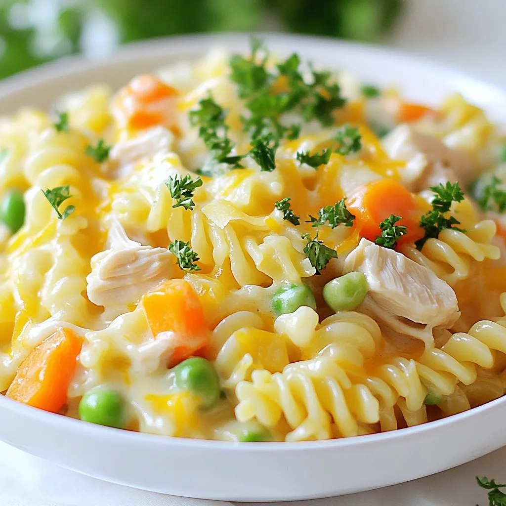 To make Chicken Pot Pie Pasta, gather these simple ingredients: - 8 oz pasta (fusilli or penne recommended) - 2 tablespoons extra virgin olive oil - 1 medium onion, diced - 2 medium carrots, diced - 2 celery stalks, diced - 2 cloves garlic, minced - 2 cups cooked chicken, shredded - 1 cup frozen peas - 3 cups chicken broth (homemade or low-sodium for best flavor) - 1 cup heavy cream - 1 teaspoon dried thyme - 1 teaspoon dried rosemary - Salt and freshly ground black pepper to taste - 1 cup shredded sharp cheddar cheese - Fresh parsley, chopped for garnish You can change this dish to suit your taste. Consider these options: - Use different pasta shapes like rotini or farfalle. - Swap cooked chicken for turkey or rotisserie chicken. - Add mushrooms for extra flavor and texture. - Toss in spinach or kale for added nutrients. - Use a blend of cheeses, like mozzarella or gouda, for a twist. This dish is not just tasty; it's also a good source of nutrients. Here’s a quick look: - Calories: Approximately 500 per serving - Protein: High due to chicken and cheese - Carbs: Comes mainly from pasta and veggies - Fats: Heavy cream and cheese add healthy fats Enjoy this hearty meal packed with flavor! {{ingredient_image_2}} To start, bring a large pot of salted water to a boil. I suggest using a good amount of salt. This adds flavor to the pasta. Once the water is boiling, add 8 ounces of fusilli or penne pasta. Cook it according to the package instructions until it is al dente. This usually takes about 8 to 10 minutes. After cooking, drain the pasta but save a small cup of pasta water. You might need it later to adjust the creaminess. Next, we’ll prepare the veggies. In the same pot, heat 2 tablespoons of extra virgin olive oil over medium heat. Once the oil is hot, add 1 medium diced onion, 2 diced carrots, and 2 diced celery stalks. Sauté these vegetables for about 5 minutes. You want them to soften and the onion to turn translucent. After that, add 2 minced cloves of garlic. Stir this mixture for about one minute. The garlic should become fragrant but not browned. Now, let’s make the sauce. Add 2 cups of shredded cooked chicken to the pot. Stir it in with the sautéed veggies. Gradually pour in 3 cups of chicken broth. Bring this mixture to a gentle simmer. Reduce the heat and mix in 1 cup of heavy cream. Now, add 1 teaspoon of dried thyme and 1 teaspoon of dried rosemary. Season with salt and freshly ground black pepper to taste. Let this simmer for 5 to 7 minutes until it thickens slightly. After thickening, fold in the cooked pasta and 1 cup of frozen peas. Stir well to combine everything. If the dish looks too thick, add a splash of the reserved pasta water. This helps reach your desired creaminess. Finally, remove the pot from heat and stir in 1 cup of shredded sharp cheddar cheese. This creates a creamy, cheesy finish. Serve hot and garnish with chopped fresh parsley for added color and freshness. To make a creamy sauce, use heavy cream. It adds richness. You can also mix in a bit of pasta water. This helps with texture and flavor. If your sauce seems too thick, add more cream or water. Stir it well until smooth and creamy. Using fresh herbs like thyme and rosemary boosts flavor. Always taste your sauce. Adjust salt and pepper based on your liking. Store any leftovers in an airtight container. Let it cool down first. Refrigerate it within two hours of cooking. Chicken Pot Pie Pasta stays fresh for about three days. For longer storage, freeze it. Make sure to use a freezer-safe container. Label it with the date. When you're ready to eat, thaw it overnight in the fridge. To make a complete meal, serve this dish with a side salad. A simple green salad pairs well. You can also offer garlic bread for a nice touch. If you want more veggies, add steamed broccoli or green beans. For drinks, a light white wine or sparkling water can enhance the meal. Enjoy it with family or friends for a cozy dinner! Pro Tips Use Fresh Herbs: Fresh thyme and rosemary can elevate the flavor profile of your dish significantly. Consider using fresh herbs instead of dried for a more vibrant taste. Cook Pasta Al Dente: Make sure to cook your pasta al dente, as it will continue to cook slightly when combined with the sauce. This will prevent it from becoming mushy. Adjust Creaminess: If the sauce is too thick after adding the pasta, use the reserved pasta water to adjust the consistency to your liking. It helps to maintain the flavor as well. Garnish for Freshness: A sprinkle of fresh parsley not only adds a pop of color but also enhances the overall flavor of the dish. Don't skip this final touch! {{image_4}} You can switch up the protein in this dish. Try turkey instead of chicken. Shredded rotisserie chicken works great too. For a seafood twist, use cooked shrimp or crab. Just make sure to add them at the right time to keep them tender. If you want a veggie version, skip the chicken. Add mushrooms for a meaty texture. Bell peppers and zucchini also work well. You can use vegetable broth instead of chicken broth. This keeps the flavor rich and satisfying without meat. Boost the flavor with spices. Add a pinch of cayenne for heat. A splash of lemon juice brightens the dish. Fresh herbs like basil or dill add a nice touch. You can also mix in some garlic powder or onion powder for depth. Experiment to find your perfect blend! To store Chicken Pot Pie Pasta, first let it cool. Use an airtight container. This keeps the pasta fresh and tasty. Try to eat it within three days. You can store it in the fridge. Avoid leaving it out for too long. When you reheat Chicken Pot Pie Pasta, do it slowly. Use a stove or microwave. If using a stove, add a little water or broth. This keeps it creamy. Heat on low to avoid burning. Stir often to warm it evenly. In the microwave, cover it to keep moisture in. Heat in short bursts, stirring in between. Freezing Chicken Pot Pie Pasta is a great option. Use a freezer-safe container. Leave some space at the top. This allows for expansion. You can freeze it for up to three months. To thaw, place it in the fridge overnight. Reheat it as described above for the best taste. Yes, you can use gluten-free pasta. Look for brands that offer fusilli or penne shapes. These work well in this dish. Cooking times may vary, so check the package instructions. Gluten-free pasta can be just as tasty and will soak up the creamy sauce. To lower calories, use whole wheat pasta. This adds fiber and keeps you full longer. Swap the heavy cream for a low-fat milk or unsweetened almond milk. You can also cut back on cheese or use a lighter version. Adding more veggies like spinach or mushrooms can help cut calories too. If you need a substitute for heavy cream, try using half-and-half. It gives a creamy texture with fewer calories. You can also blend silken tofu with a little water for a dairy-free option. Greek yogurt adds creaminess too, but mix it in at the end to avoid curdling. This blog post gives you all you need for a tasty Chicken Pot Pie Pasta. You learn about key ingredients, how to cook each part, and the best tips for creamy sauce. You also discover ways to customize the dish and store leftovers. Remember, whether you choose chicken or a veggie option, enjoy experimenting with flavors. Now, you have a dish that’s not only easy to make, but also fun to share. Happy cooking!