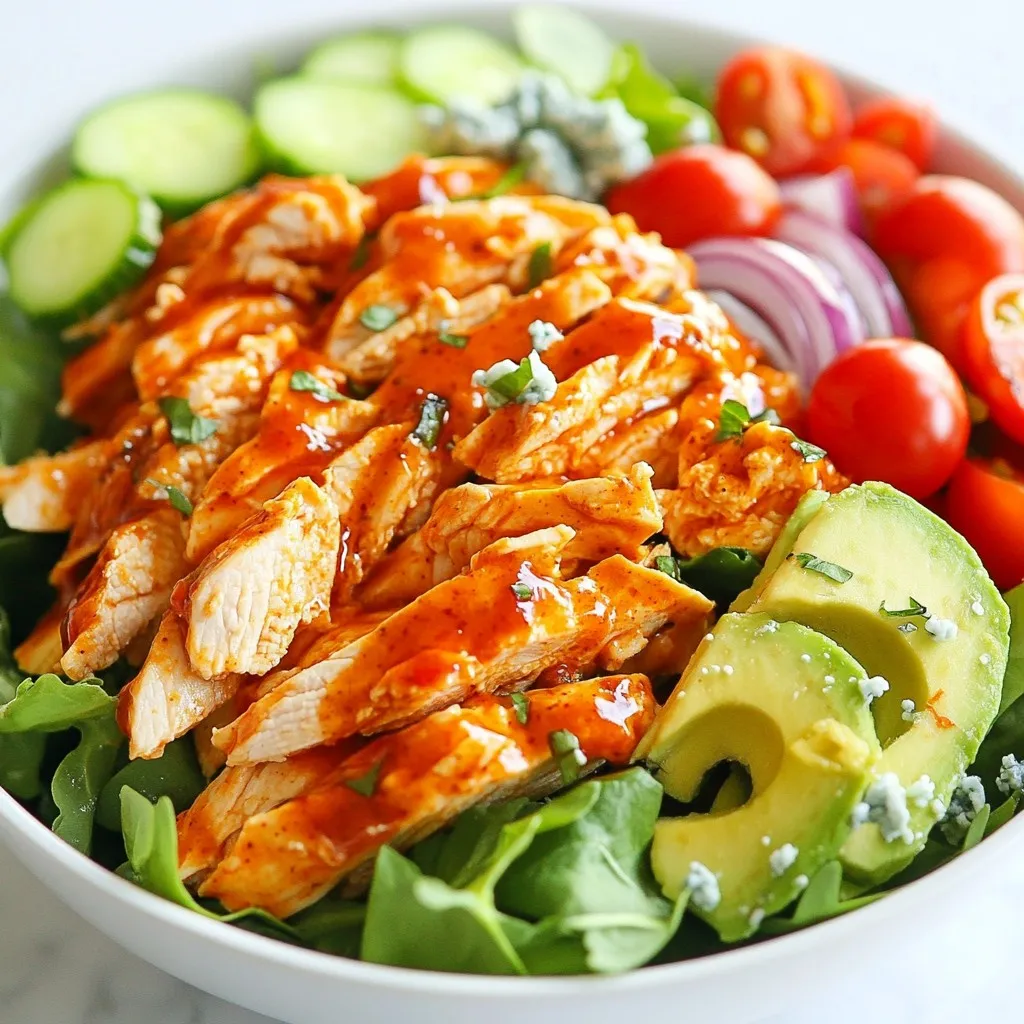 - 2 cups cooked, shredded chicken - 1/2 cup buffalo sauce - 4 cups mixed salad greens - 1/2 cup cherry tomatoes, halved - 1/2 cup cucumber, diced - 1/4 cup red onion, thinly sliced - 1/2 cup celery, chopped - 1/4 cup crumbled blue cheese (optional) - 1 ripe avocado, sliced (optional) - 2 tablespoons extra virgin olive oil - 1 tablespoon apple cider vinegar - Salt and black pepper to taste The main star of this salad is cooked, shredded chicken. You can use grilled or rotisserie chicken for the best taste. The chicken gets its kick from the buffalo sauce. You can adjust the amount based on how spicy you like your food. Next, we have mixed salad greens. A mix of romaine, spinach, and arugula gives the salad great texture. Cherry tomatoes add a sweet burst, while cucumbers bring freshness. Red onion adds a mild bite, and celery gives a nice crunch. For optional toppings, crumbled blue cheese adds richness. Sliced avocado brings creaminess. Both are great choices to elevate your salad! The dressing is simple. Combine extra virgin olive oil, apple cider vinegar, salt, and black pepper. This adds a nice brightness to the dish. With these ingredients, you can create a flavorful and satisfying Buffalo Chicken Salad that is sure to please! {{ingredient_image_2}} Start by placing the cooked, shredded chicken in a large mixing bowl. Pour the buffalo sauce over the chicken and mix well. Make sure every piece of chicken is coated in sauce. Let it rest for about 10 minutes. This marinating time helps enhance the flavor, making it more delicious. Next, take a big salad bowl. In it, combine the mixed salad greens with cherry tomatoes, cucumber, red onion, and celery. Toss everything gently to mix well. This mix adds freshness and crunch to your salad. For the dressing, grab a small bowl. Whisk together the extra virgin olive oil, apple cider vinegar, salt, and black pepper until it looks smooth. This dressing adds a bright flavor that balances the spicy chicken. Now, heat a large skillet over medium heat. Add the marinated buffalo chicken to the skillet. Warm it for about 5 minutes, stirring occasionally. This step brings out the rich flavors of the buffalo sauce. Once the chicken is warm, arrange it over the salad mixture. This makes the chicken the star of the dish. Drizzle your homemade dressing over the salad and toss everything together. Finally, top the salad with slices of avocado and sprinkle blue cheese if you like. This adds creaminess and richness to your meal. Serve the salad right away while the chicken is warm and the greens are crisp. Enjoy every bite! For the best buffalo chicken, I recommend using grilled chicken or rotisserie chicken. Grilled chicken adds a nice smoky flavor. Rotisserie chicken saves time and is juicy. You can also adjust the buffalo sauce to suit your taste. If you like more heat, add extra sauce. For less heat, use a milder sauce or mix it with ranch. To make your salad look great, serve it in individual bowls. Fan out the avocado slices on top. Sprinkle blue cheese for a nice contrast. You can also add extra buffalo sauce on the side for those who want more spice. A colorful salad makes every bite more inviting. To save time, prepare your ingredients ahead of time. Cook and shred the chicken a day before. Chop vegetables and store them in the fridge. You can even mix the dressing and keep it ready. This way, you can quickly assemble your salad when hunger strikes. A little prep goes a long way! Pro Tips Marinate for More Flavor: Allowing the shredded chicken to marinate in buffalo sauce for at least 10 minutes enhances the flavor, making it more delicious. Layering Textures: Mix different salad greens like romaine, spinach, and arugula to create a variety of textures, making each bite interesting. Perfect Dressing Balance: When whisking your dressing, taste it before adding to the salad. Adjust the salt and vinegar for a perfect balance of flavors. Serve Immediately: For the best experience, serve the salad immediately after tossing to keep the greens crisp and the chicken warm. {{image_4}} You can switch the chicken for grilled veggies or tofu. This adds a tasty, healthy twist. If you want meat, try turkey or pork. Both work well with buffalo sauce. These changes can keep the dish fresh and exciting. Different dressings can change the whole salad. Ranch or vinaigrette can add new flavors. You can also spice it up! Adding jalapeños or using pepper jack cheese can bring heat. Experiment with what you like best to find your perfect flavor. Using seasonal vegetables makes the salad even better. Fresh veggies taste great and add color. Think about adding bell peppers in summer or butternut squash in fall. This not only boosts flavor but also keeps your salad interesting all year round. To keep your buffalo chicken salad fresh, store leftovers in airtight containers. This helps maintain flavor and prevents spoilage. Make sure the salad is cool before sealing the container. If possible, separate the dressing from the salad. This keeps the greens crisp and prevents sogginess. Buffalo chicken salad lasts about three to four days in the refrigerator. Always check for any signs of spoilage, like an off smell or discoloration. If you notice either, it’s best to discard the salad. Reheat the buffalo chicken safely using a skillet or microwave. If using a skillet, warm it over medium heat until hot. Stir frequently to heat evenly. If using a microwave, place the chicken in a microwave-safe bowl. Heat in short bursts, checking often to avoid overcooking. Always serve the salad warm, but ensure the greens stay fresh and crunchy. Yes, you can prep this salad in advance. Here are some tips: - Cook and shred the chicken one day prior. Store it in the fridge. - Mix the chicken with buffalo sauce and marinate it for better flavor. - Chop your veggies and store them in airtight containers to keep them fresh. - Make the dressing ahead of time and keep it in the fridge. - Combine everything just before serving to keep the greens crisp. If you don’t like blue cheese, there are great options: - Feta cheese is a nice, tangy alternative. - Goat cheese adds creaminess and flavor. - For a vegan option, use cashew cheese or nutritional yeast. - Cheddar cheese can work well for a milder taste. Yes, this salad can easily be gluten-free. Here’s how: - Use gluten-free buffalo sauce to avoid gluten. - Ensure your chicken is cooked without any gluten-based sauces. - Be cautious of cross-contamination if you have a gluten allergy. - Always check labels for any hidden gluten in other ingredients. You can make this salad lighter with these ideas: - Use grilled chicken instead of fried for fewer calories. - Swap blue cheese for a lighter cheese or omit it. - Add more veggies like bell peppers or carrots for extra nutrients. - Use a lighter dressing with less oil or a yogurt-based option. - Serve it with a smaller portion of buffalo sauce for less heat and fat. Buffalo chicken salad is a tasty dish with many ways to make it your own. We explored key ingredients like chicken and veggies and learned how to prepare and assemble them. You can enhance the flavor with various proteins and dressings and even make it healthier. Remember to store leftovers correctly for freshness. This dish is not just a meal; it's a canvas for your creativity. Embrace the fun of cooking and enjoy your delicious creation!
